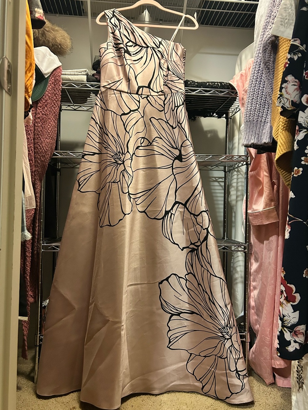 Carmen Marc Valvo One-Shoulder Blush Pink Gown with Black Floral Outline